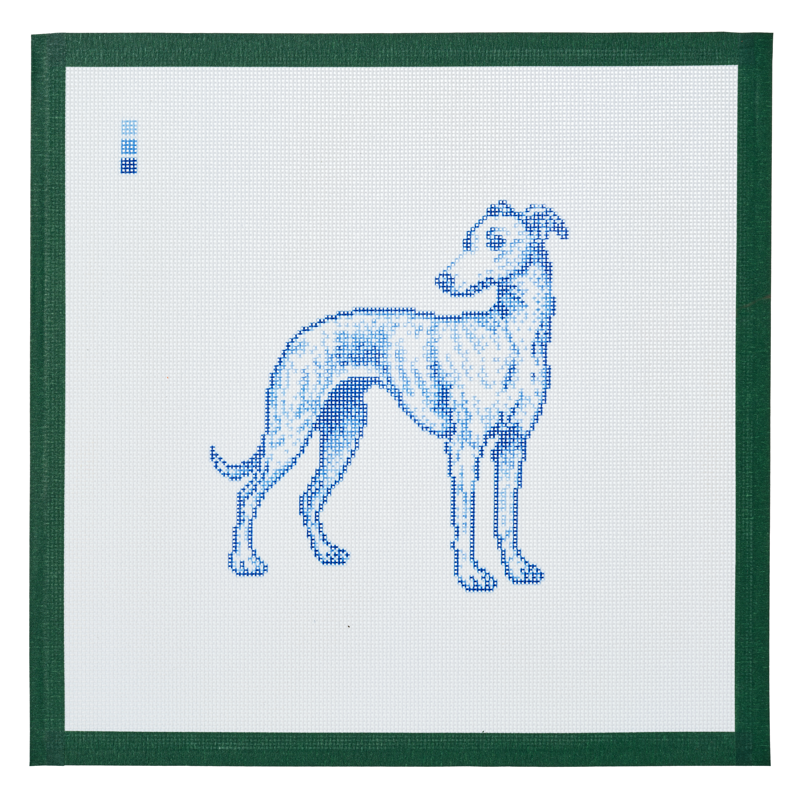 A needlepoint canvas printed with a whippet in blue toile on white mesh.