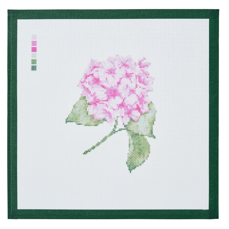 A needlepoint canvas printed with a pink hydrangea in bloom, on white mesh with a dark green taped edge.
