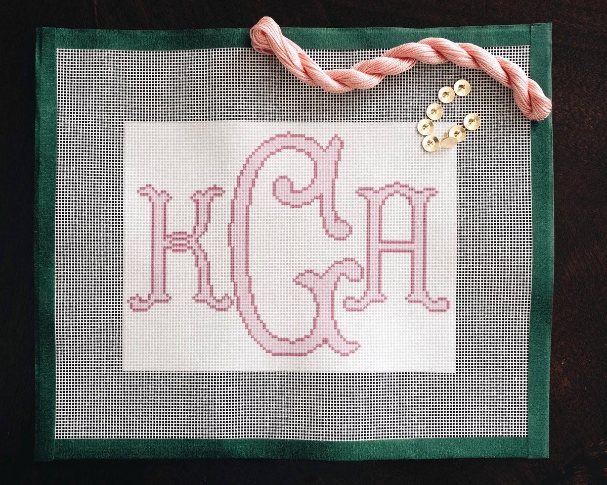 Another view of the custom monogram needlepoint canvas.
