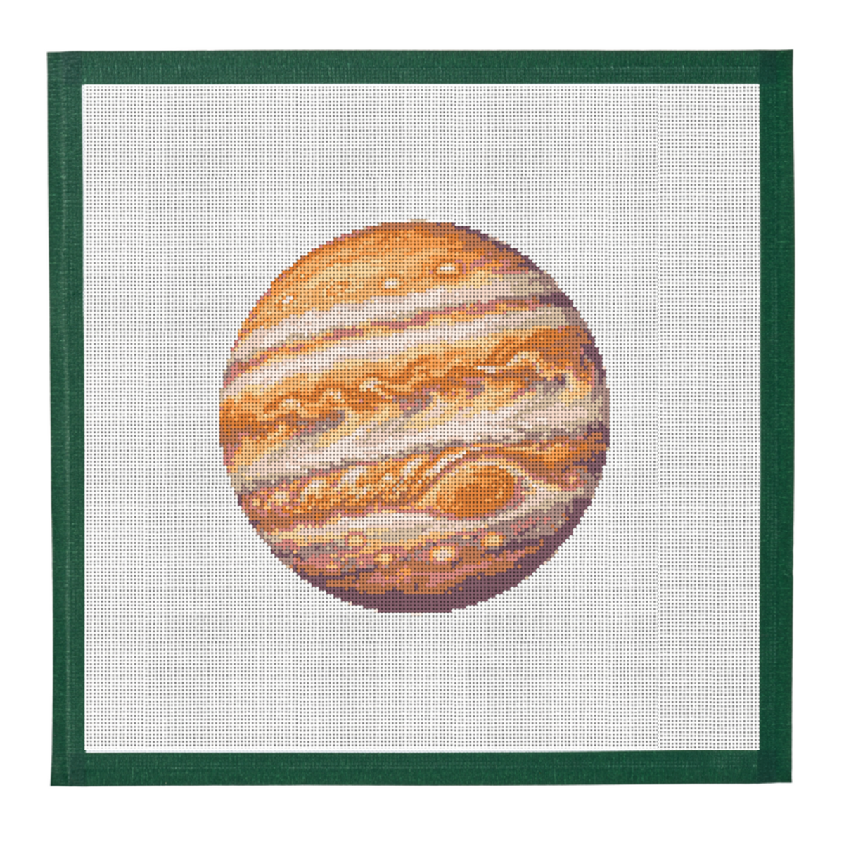 Needlepoint canvas of the planet Jupiter in banded orange and cream on white mesh with a dark green taped edge.