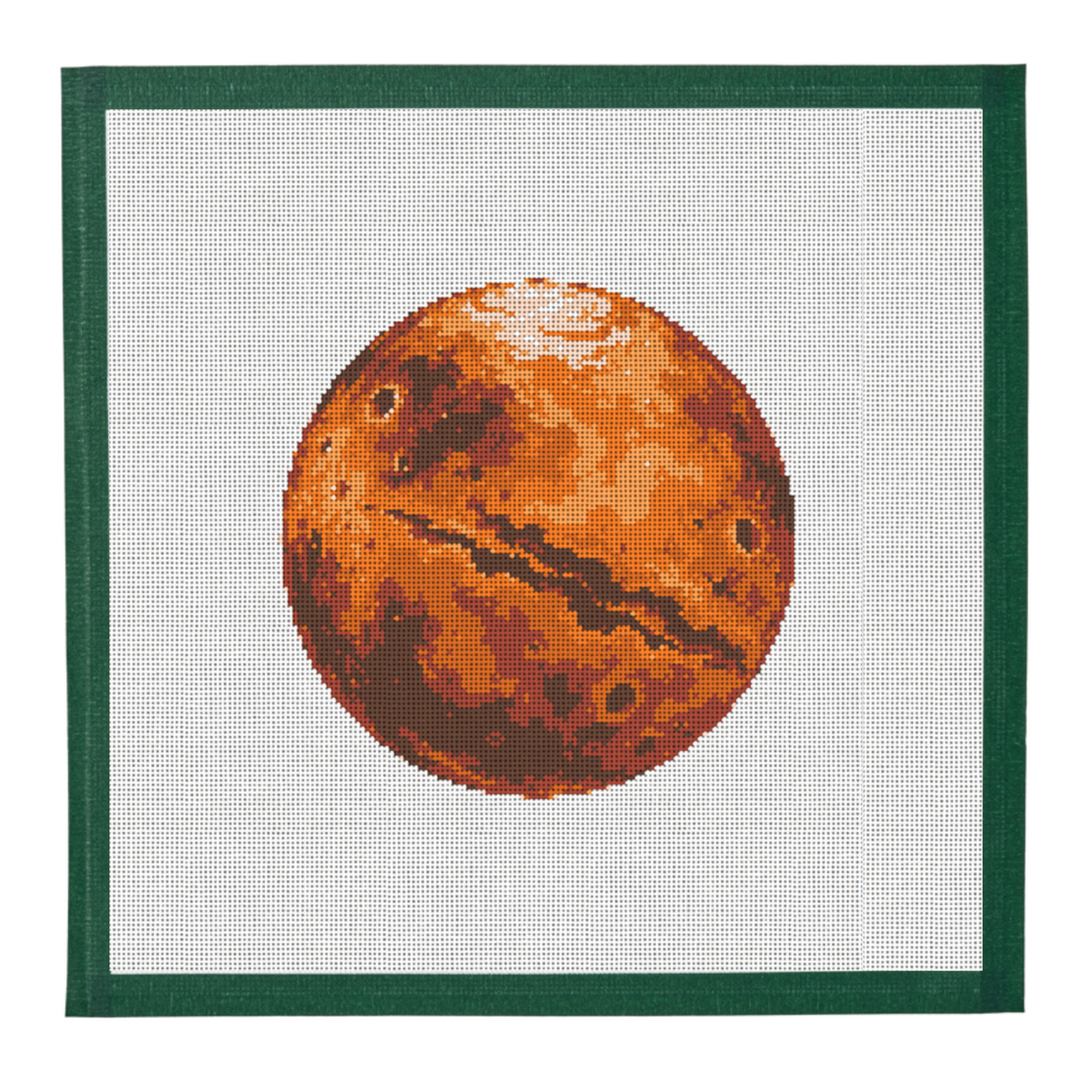 Needlepoint canvas of the planet Mars in rust and ember on white mesh with a dark green taped edge.