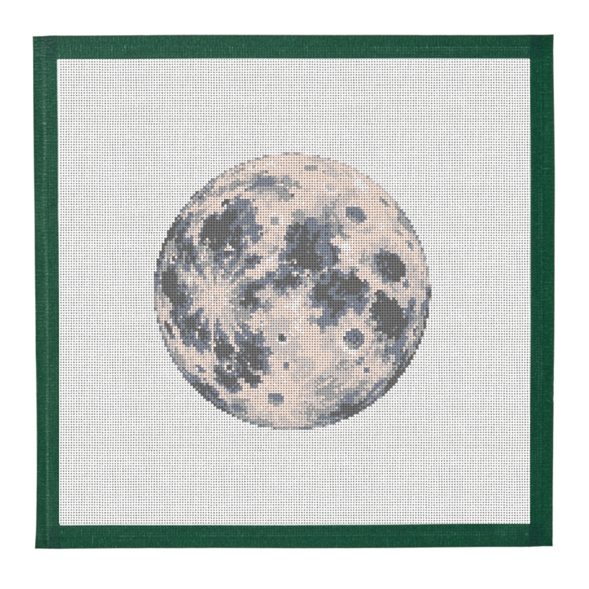 Needlepoint canvas of the full moon in pale gold and slate on white mesh with a dark green taped edge.