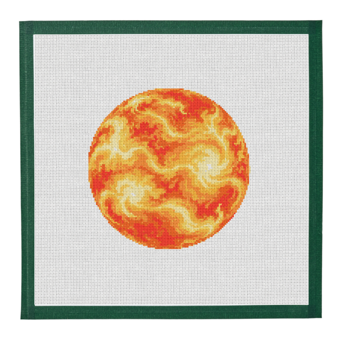 Needlepoint canvas of the sun in flame orange and molten yellow on white mesh with a dark green taped edge.