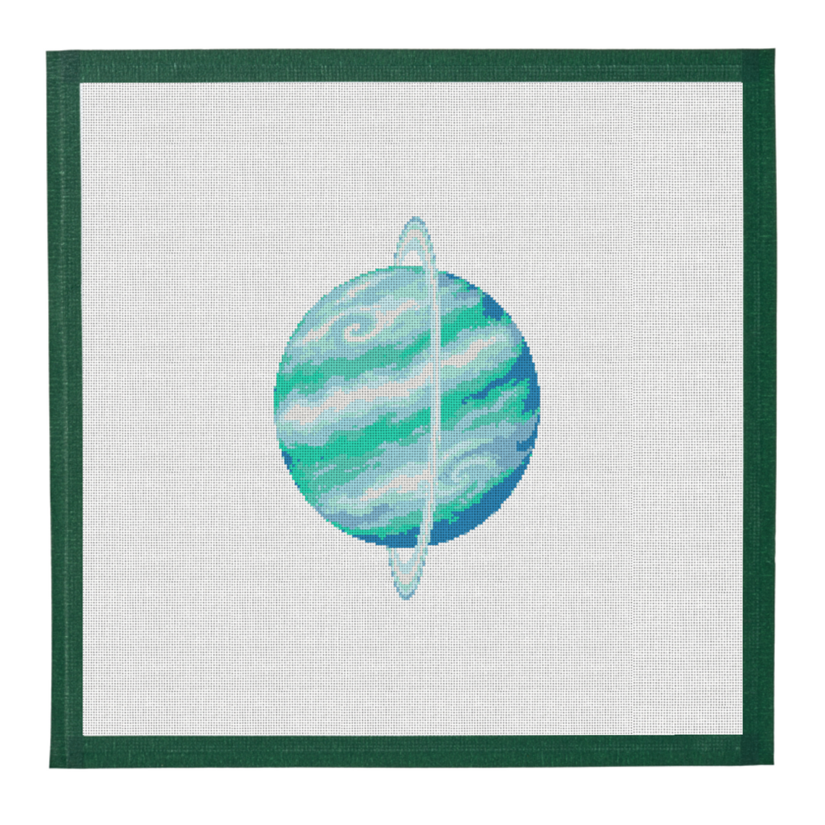 Needlepoint canvas of the planet Uranus in aqua and seafoam with vertical rings, on white mesh with a dark green taped edge.
