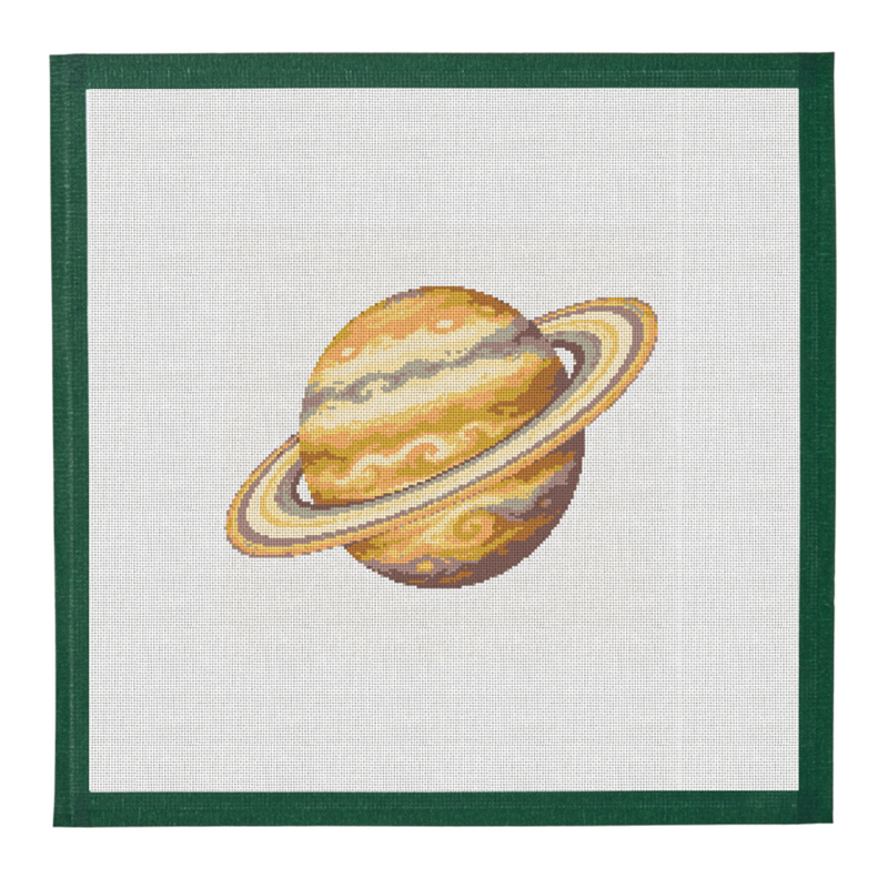Saturn worked in pale gold on an eight-inch needlepoint canvas, from the Pierrepont Astronomy Collection