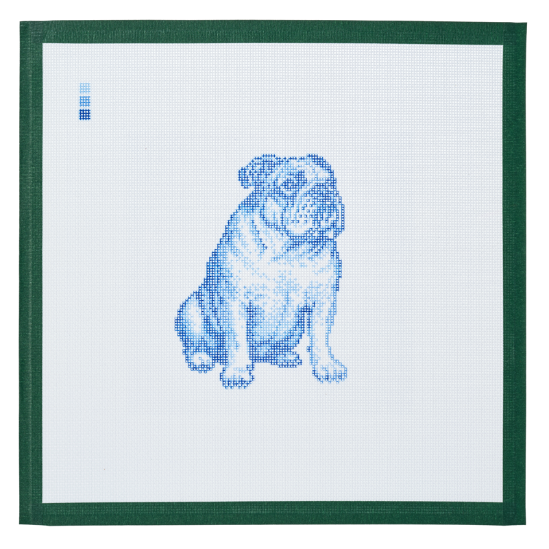 A needlepoint canvas printed with an English bulldog in blue toile on white mesh.