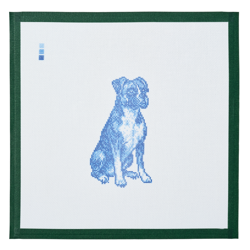 A needlepoint canvas printed with a boxer in blue toile on white mesh.