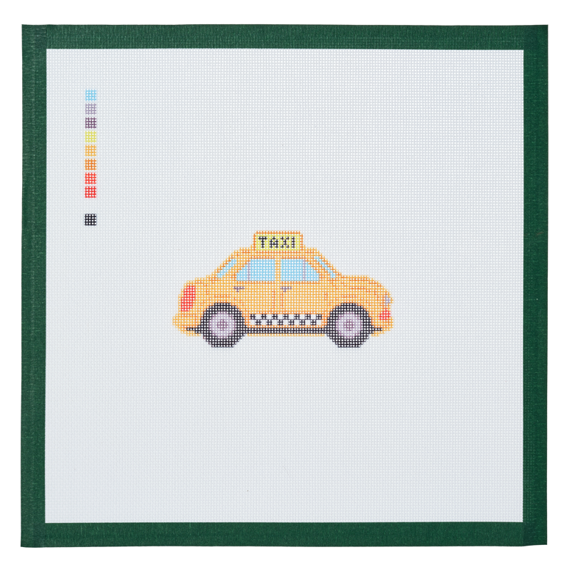 A needlepoint canvas printed with a yellow vintage Checker taxi on white mesh.