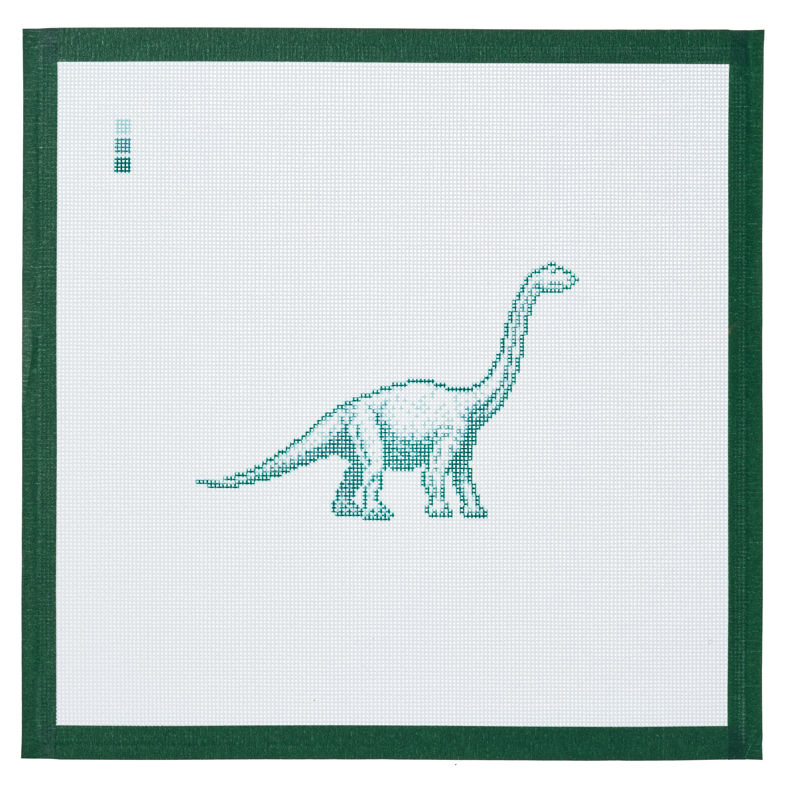 A needlepoint canvas printed with a brachiosaurus, on white mesh with a dark green taped edge.