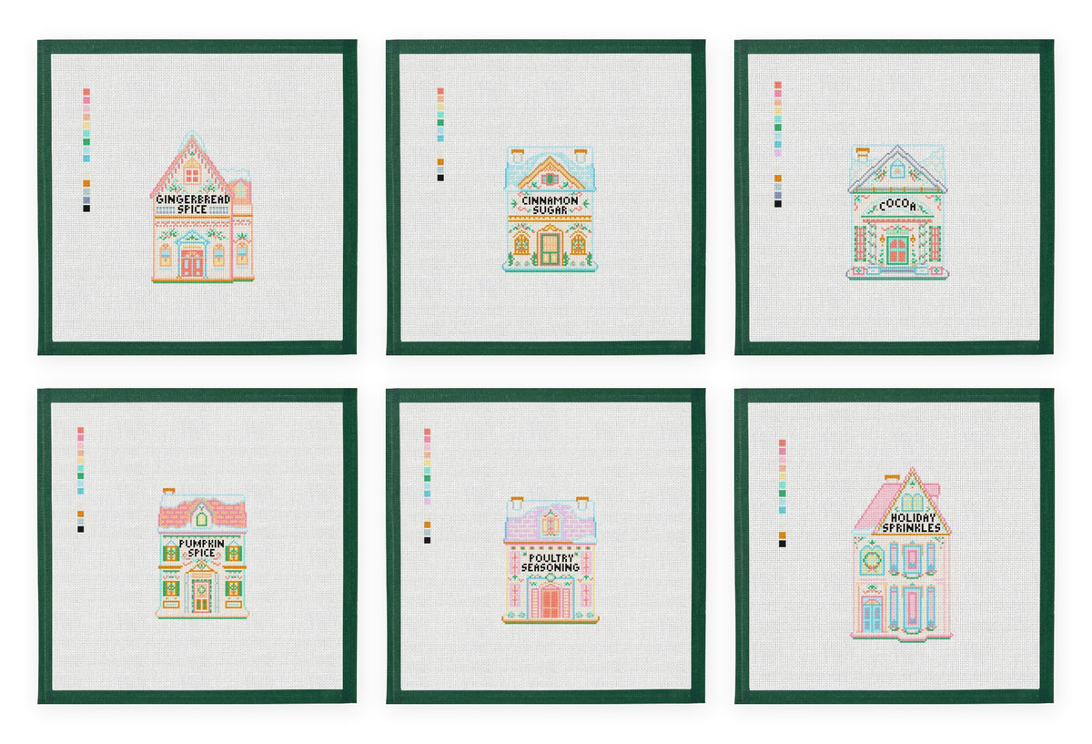 The six Christmas Spice Village needlepoint canvases, each with its green taped margin, arranged in two rows on white.