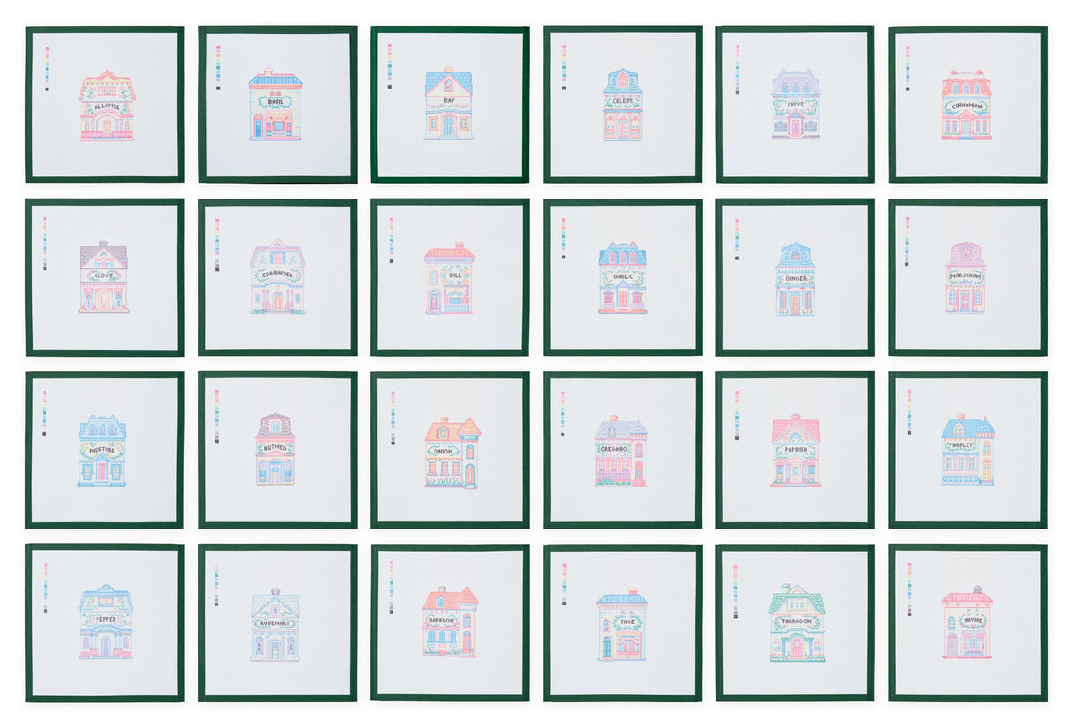 All twenty-four Original Spice Village needlepoint canvases, each with its green taped margin, arranged in a six by four grid on white.
