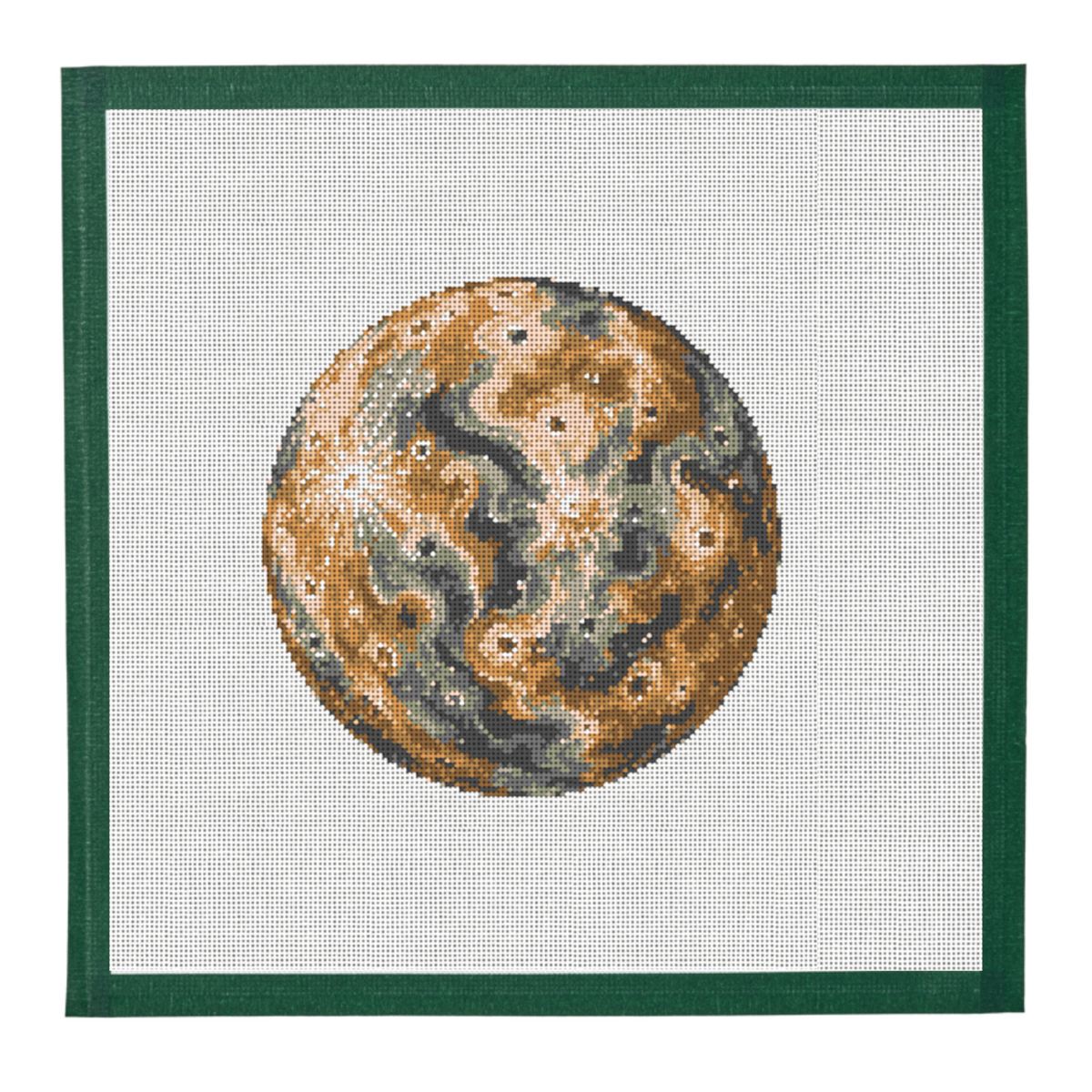 Needlepoint canvas of the planet Mercury in ochre and olive on white mesh with a dark green taped edge.