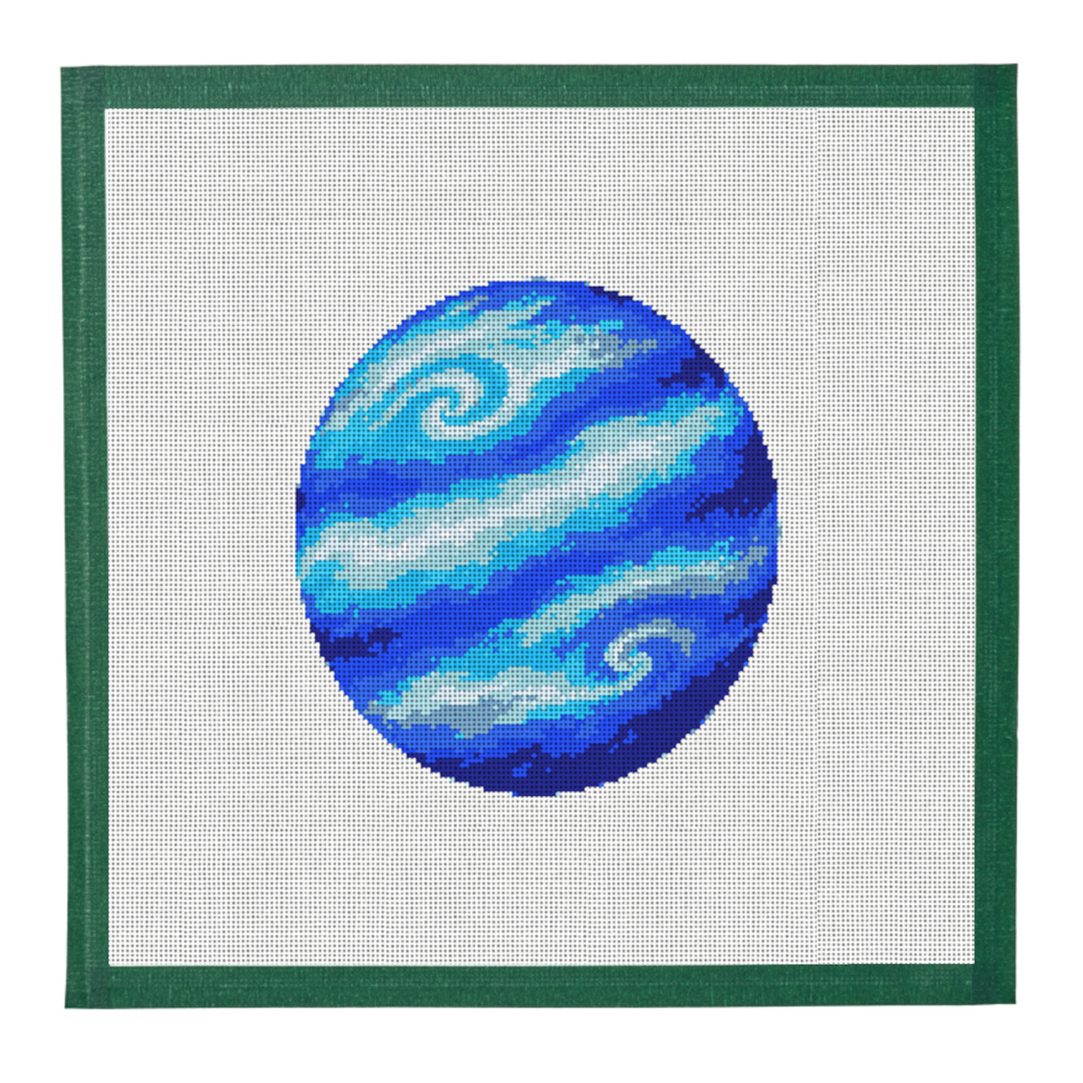 Needlepoint canvas of the planet Neptune in cobalt and sapphire on white mesh with a dark green taped edge.