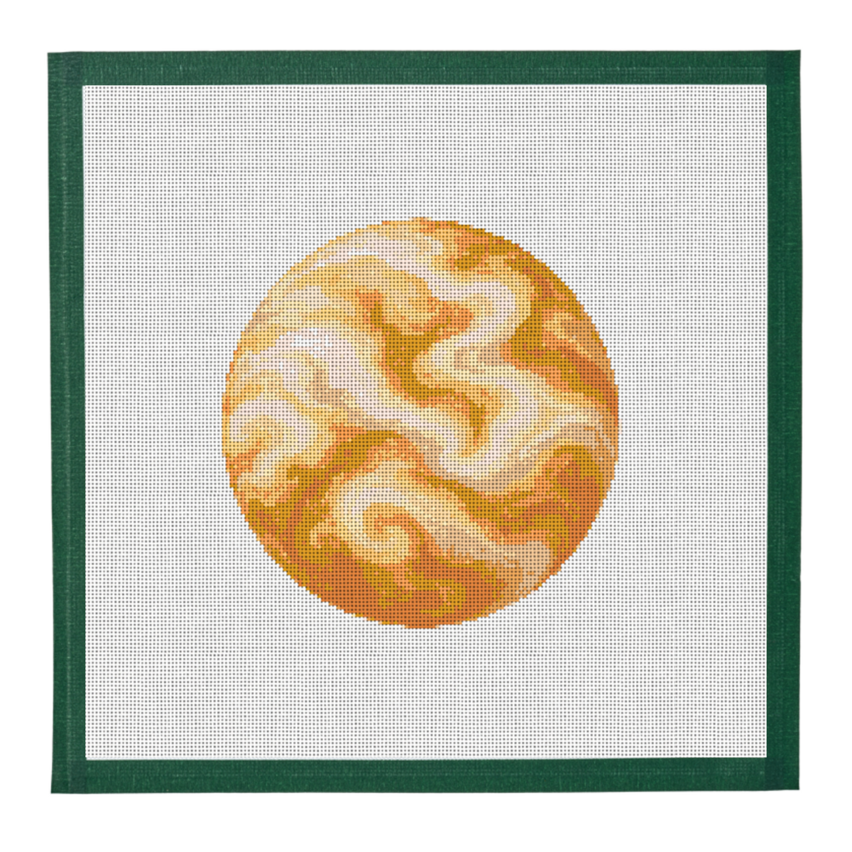 Needlepoint canvas of the planet Venus in cream and gold on white mesh with a dark green taped edge.